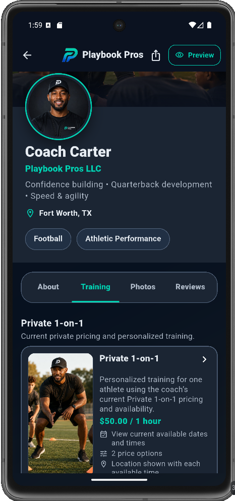 Coach profile Training tab showing a published Private 1-on-1 offering.