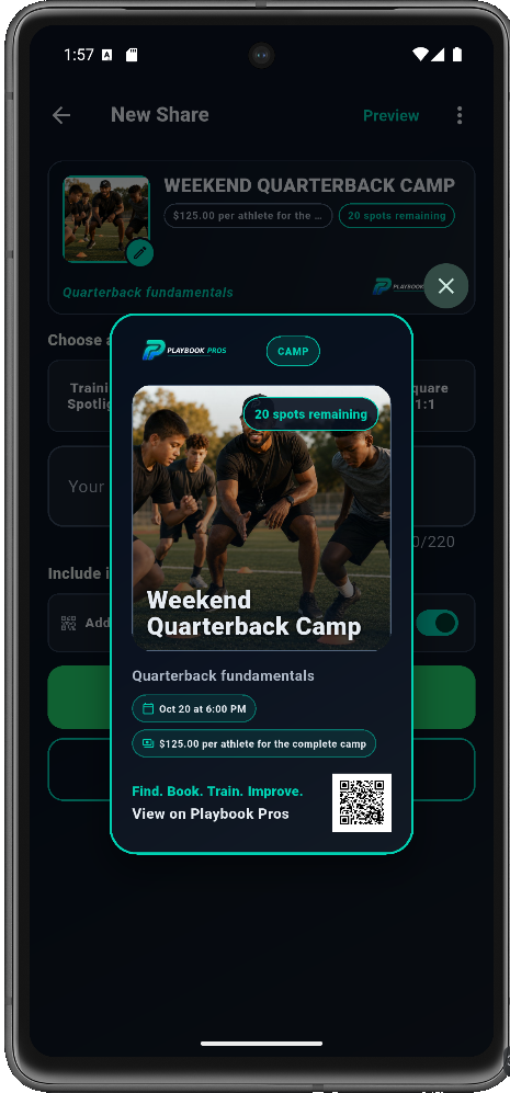 Share and Grow preview for a quarterback camp with QR code.